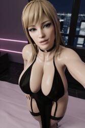 1girls 3d 3d_(artwork) ai_generated big_ass big_breasts blonde_female blonde_hair blonde_hair busty choker cleavage dress fishnet_legwear fishnets garter_belt garter_straps high_heels izzy(oc) long_hair radnsad selfie solo solo_female solo_focus thick_thighs