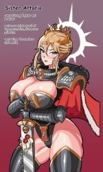 1girls adepta_sororitas artist_request artoria_pendragon blonde_hair blue_eyes crossover english_text fate/grand_order female imperium_of_man purity_seal sister_of_battle text thick_thighs warhammer_(franchise) warhammer_40k