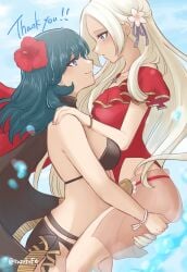 2girls artist_name bikini black_bikini black_capelet blonde_hair blue_eyes blue_hair bracelet byleth_(female)_(fire_emblem) byleth_(female)_(summer)_(fire_emblem) byleth_(fire_emblem) capelet carrying carrying_person edelgard_von_hresvelg edelgard_von_hresvelg_(summer) english_text fire_emblem fire_emblem:_three_houses fire_emblem_heroes flower frilled_one-piece_swimsuit frills from_side hair_flower hair_ornament hand_on_another&#039;s_shoulder hibiscus highres jewelry long_hair looking_at_another multiple_girls official_alternate_costume one-piece_swimsuit parted_lips profile rasukuma red_one-piece_swimsuit sarong smile swimsuit yuri