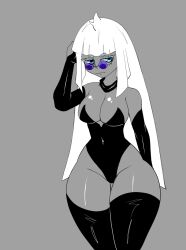 blue_eyes bunnysuit female female_focus female_only fung_enoki genderswap_(mtf) jujutsu_kaisen looking_over_eyewear looking_over_sunglasses milf satoru_gojo sketch smile smiling stockings sunglasses tinted_eyewear white_hair