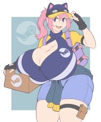 1girls adjusting_hat backpack bag black_gloves blue_eyes blue_shirt blue_shorts box cat_hat cleavage female fingerless_gloves holding_box huge_breasts jacket_around_waist kittenboogers open_mouth pink_hair ponytail purple_bag shorts sidelocks solo steam_(software) steam_delivery_girl steam_logo sweat thick_thighs valve valve_(company) wavy_mouth