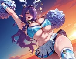 1girls ai_generated antlers arm_up armpits balecxi bangs beach bell blue_eyes blush breasts cheering cheerleader choker cleavage clothing crop_top curvaceous curvaceous_female curvaceous_figure curvy curvy_figure exhibitionism female female_focus genshin_impact gradient_sky hair_over_one_eye holding holding_pom_poms horns huge_breasts inviting inviting_to_sex large_breasts lauma_(genshin_impact) legwear long_hair looking_at_viewer midriff miniskirt mole mole_under_mouth navel open_mouth outdoors outside pleated_skirt pointy_ears pom_pom_(cheerleading) pom_poms presenting presenting_ass presenting_breasts presenting_hindquarters presenting_self purple_hair reindeer_antlers seductive seductive_look seductive_smile skindentation skirt sky smile solo star_(symbol) sunset sweat thick_thighs thighhighs thighs underboob voluptuous voluptuous_female white_skirt white_thighhighs