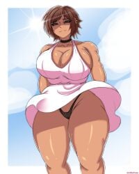 brown_hair dark-skinned_female fully_clothed limbus_company littleteze no_bra outis_(limbus_company) project_moon sundress thick_thighs thong upskirt wind_lift