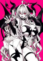 1girls ahoge demon_girl greyscale_with_colored_background horns large_breasts monochrome open_mouth original pink_background red_eyes takatsuki_ichi thighhighs vampire very_long_hair