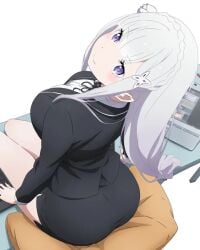 ai_generated ass big_ass emilia_(re:zero) office_lady purple_eyes re:zero_kara_hajimeru_isekai_seikatsu silver_hair white_hair