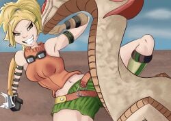 blonde_hair clothed excited final_fantasy final_fantasy_x grin imminent_bestiality imminent_sex monster rikku shorts smile snake zoophilia