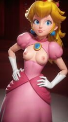 ai_generated autismmix_pony(model) blonde_hair blue_eyes boob_window breasts breasts_out crown dutch_angle female gloves indoors looking_at_viewer mario_(series) nipples perky_nipples pink_dress princess_peach princess_peach:_showtime! smile smirk solo stable_diffusion standing white_gloves