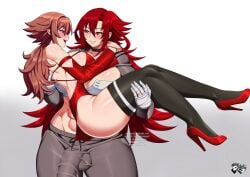 1futa 1girls abs breasts brown_hair bulge clothed clothing duo female fully_clothed futa_milf futanari high_heels human imminent_sex incest jadenkaiba light-skinned_female light-skinned_futanari light_skin long_hair looking_at_another milf mostly_nude mother_and_daughter muscular_futanari red_hair school_fight shurinatsu_rakkusa standing yui_rakkuza