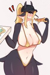 !! 1girls anthro areola_slip big_breasts bikini black_body blonde_hair blue_eyes blush cap eating female female_only food gold_bikini horns long_hair looking_at_viewer marine nipple_bulge oenyelwawa olive_(buta99) pizza ponytail shark shark_eats solo thick_thighs two_tone_body very_high_resolution white_body wide_hips