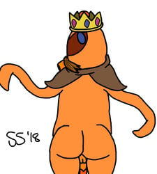 anthro anthro_only ass backsack balls big_butt blue_eyes cephalopod crown hi_res king king_kaliente looking_at_viewer looking_back male male_only marine mario_(series) mostly_nude nintendo octopus orange_skin penis rear_view royalty solo solo_male somethingsinful super_mario_galaxy tentacle video_games