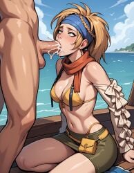 ai_generated big_penis blonde_hair blowjob blue_headband cum_in_mouth detached_sleeves fellatio final_fantasy_x final_fantasy_x-2 leaking_cum rikku rolling_eyes scarf skirt testicles yellow_bikini_top