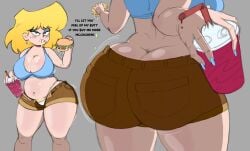 ass_focus belly big_ass big_breasts blonde_hair blue_eyes booty_shorts bubble_butt butt_crack cleavage earrings eating eyeshadow lori_loud mcchicken mcdonald's open_clothing overhanging_belly pawg potbelly pubic_hair simple_background the_loud_house thick_thighs weener72 wide_hips