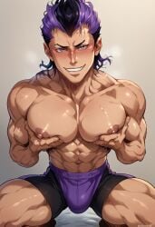 ai_generated black_clover blush civitai gay grabbing_own_breast grabbing_own_pecs kneeling looking looking_at_viewer magna_swing muscular_male pecs pectorals playing_with_nipple playing_with_pecs smiling_at_viewer solo solo_focus solo_male squatting