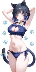 1girls ai_generated breast_cutout cat_cutout cat_ears cat_keyhole_bra cat_lingerie cat_tail catgirl cute cutout genshin_impact ministro navel nipples_visible_through_clothing paws pussy_peek yelan_(genshin_impact)