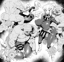 1girls 2boys bajou_takurou big_breasts censored cum_in_pussy darkness_(konosuba) female huge_breasts human human_female kono_subarashii_sekai_ni_shukufuku_wo! light-skinned_female light_skin male male/female monster muscular muscular_male orc orc_male pig tagme tremble_lines tremble_spikes unusual_penis vajo