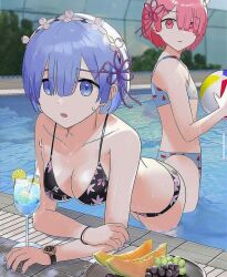 ai_generated bikini blue_bikini blue_eyes blue_hair pink_bikini pink_eyes pink_hair ram_(re:zero) re:zero_kara_hajimeru_isekai_seikatsu rem_(re:zero)