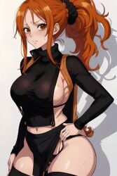 ai_generated bangs big_breasts big_butt big_thighs brown_eyes female female_only ginger ginger_hair hand_on_hip huge_breasts loincloth messy_hair nami nami_(one_piece) ninja ninja_clothes one_piece ponytail sideboob slutty_clothing slutty_outfit thick_thighs thighhighs turtleneck zarazin