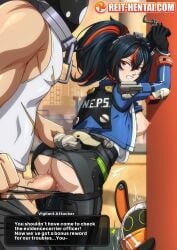 1boy defeated_heroine english english_text female from_behind handcuffed handcuffs handlebars hollow_thug police police_uniform ponytail rape reit restrained tagme thugs_(zenless_zone_zero) torn_pants watermark zenless_zone_zero zhu_yuan