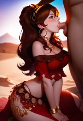 ai_generated ass ass_focus ass_up blowjob blush breasts brown_hair dress female female_focus female_only green_eyes half-dressed kneeling kuku kukuyolo nipples octopath_traveler ponytail primrose_azelhart pussy skirt solo_female