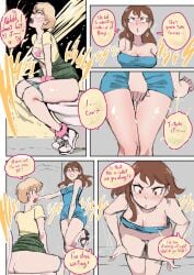 2girls 5koma ass biku black_heels blonde_hair blue_dress breasts brown_eyes brown_hair cleavage daughter_(biku) desperation dress dress_lift earrings english_text female female_only gray_panties green_skirt grey_panties hand_between_legs have_to_pee heels holding_crotch human imminent_peeing jewelry leaking long_hair milf mother_(biku) mother_and_daughter omorashi open_mouth original panties panty_pull peeing relief relieved short_hair skirt skirt_lift speech_bubble stained_panties toilet toilet_use underwear urination urine wet wet_panties white_footwear white_shoes