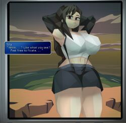 1girls armpits arms_up big_breasts black_hair breasts busty captain_kirb clothing female female_only final_fantasy final_fantasy_vii hands_behind_head huge_breasts large_breasts looking_at_viewer low_poly low_poly_tifa png red_eyes retro_artstyle solo talking_to_viewer text text_box thick_thighs tifa_lockhart wide_hips