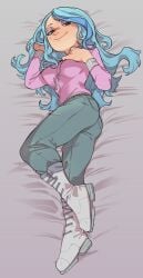 1female 1girls 2d andrea_davenport blue_hair dakimakura female footwear full_color fully_clothed hand_on_breast jacket knuxy long_hair looking_back lying lying_on_bed no_penetration no_sex pants pink_jacket presenting presenting_ass presenting_breasts sexy_pose sfw shoes showing_breasts slut smile smiling_at_viewer smirk solo solo_female sweater the_ghost_and_molly_mcgee thick thick_ass thick_legs wanting_sex