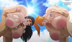 2boys 2girls 69 :>= black_hair blue_lipstick breast_press breasts_squeeze ero-enzo fellatio female green_lipstick huge_ass huge_breasts kiss_mark large_areolae lipstick lipstick_mark lipstick_on_balls lipstick_on_penis lipstick_on_thighs male monkey_d_luffy nami nami_(one_piece) nico_robin one_piece oral orange_hair paizuri penis_awe post-timeskip roronoa_zoro rtenzo shounen_jump standing_69 surprised