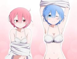 blue_eyes blue_hair changing_clothes lingerie pink_eyes pink_hair ram_(re:zero) re:zero_kara_hajimeru_isekai_seikatsu rem_(re:zero) staring