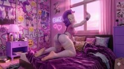 ai_generated ass_focus bandage bandaged_arm bandaged_head bandaged_leg big_ass big_hips brawl_stars bubble_butt crop_top day daylight daytime emz_(brawl_stars) eyelashes feet feet_fetish feet_focus gemini head neon_sign on_all_fours on_bed panties phone pink_clothing pink_lipstick pink_ski pink_skin purple_hair room room_background selfie selfie_pose small_breasts small_chest supercell sweaty_body thong violet_hair voluptuous voluptuous_female wet wet_body wet_skin window window_light