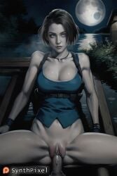 1boy 1girls ai_generated black_hair bottomless breasts cleavage clitoral_hood detailed hi_res highres jill_valentine large_breasts looking_at_viewer moon night penis pov pussy resident_evil resident_evil:_death_island sex short_hair shoulder_holster solo_focus spread_legs straight synthpixel vaginal_penetration