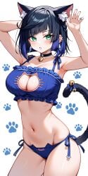 1girls ai_generated blue_nails breast_cutout cat_cutout cat_ears cat_keyhole_bra cat_lingerie cat_tail catgirl cute cutout genshin_impact ministro nail_polish navel paws yelan_(genshin_impact)