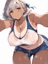 ai_generated areolae_visible_through_clothing bare_legs dolphin_shorts dosukebeai gigantic_breasts green_eyes grey_hair hair_ribbon hololive huge_breasts huge_thighs looking_at_viewer massive_breasts nipples_visible_through_clothing pov_eye_contact shirogane_noel short_hair smiling solo_female squatting sweat sweatdrop tan_body tank_top tanned_female tanned_skin thick_body thick_female thick_thighs thighs virtual_youtuber voluptuous voluptuous_female