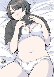 1girls bed bedroom bedroom_eyes belly belly_button blush bra cleavage eyebrows_visible_through_hair female_focus flashing flashing_breasts hadashi_no_kenji laying_on_bed looking_at_viewer original original_character panties short_hair signature solo solo_female solo_focus thighs underwear white_panties