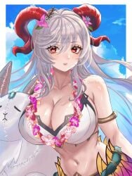 1girls alternate_costume bare_arms bare_midriff bare_shoulders bikini blue_hair blue_sky border breasts cleavage cloud collarbone colored_inner_hair eyelashes female female_only fire_emblem fire_emblem_heroes flower flower_necklace freyja_(fire_emblem) freyja_(summer)_(fire_emblem) goat goat_girl grey_hair hair_between_eyes hair_flower highres horns huge_breasts inflatable_toy long_hair looking_at_viewer midriff multicolored_hair navel necklace nintendo official_alternate_costume outdoors outside_border parted_lips plushie red_eyes shoulders sky solo stuffed_animal stuffed_toy swimsuit white_bikini white_border white_swimsuit zqzbq