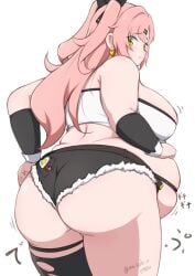 ass belt big_belly black_thighhighs blush breasts cutoffs earrings fat fat_woman female from_behind green_eyes hair_ornament hair_ribbon hairclip heart heart_earrings jewelry large_breasts long_hair looking_back masakin nicole_demara obese pink_hair ribbon short_shorts shorts single_thighhigh solo standing strapless thigh_strap thighhighs torn_clothes torn_thighhighs tube_top white_background wrist_cuffs zenless_zone_zero