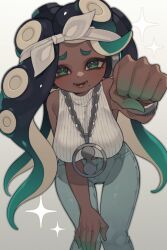 1girls alternate_costume black_hair cephalopod_eyes dark-skinned_female dark_skin denim green_eyes green_hair highres jeans jewelry long_hair marina_(octo_expansion) marina_(splatoon) mole mole_under_mouth multicolored_hair necklace nintendo octoling official_alternate_costume pants prat_rat simple_background splatoon splatoon_(series) splatoon_2 splatoon_2:_octo_expansion tentacle_hair white_background