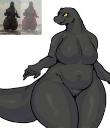 absurd_res anthro big_breasts breasts featureless_breasts female genitals godzilla godzilla_(series) hi_res huge_thighs kaiju nude pussy reference_image reptile scalie solo tail thick_tail thick_thighs thigh_gap toho tozamtr voluptuous_anthro voluptuous_female wide_hips yellow_eyes