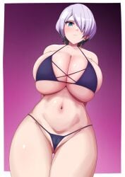 163_(shiromeshi) blue_eyes blush brid_(nikke) female goddess_of_victory:_nikke hair_covering_eye large_breasts short_hair solo swimsuit white_hair