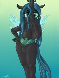 anthro anthrofied arthropod black_fur black_skin blowing_kiss blue_hair breasts changeling fangs female fingers friendship_is_magic fur green_eyes hair hand_on_hip heart hi_res horn insect_wings insects kissing lips long_legs looking_at_viewer my_little_pony nipples portrait pose pussy queen_chrysalis_(mlp) simple_background slit_pupils solo teeth three-quarter_portrait wings xanthor