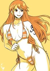 1girls bikini choker female female_only hairy_pussy long_hair nami nami_(one_piece) one_piece orange_eyes orange_hair post-timeskip pubic_hair pubic_hair_peek side-tie_bikini smile solo striped_bikini turtlechan very_high_resolution yellow_background