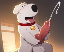 1boy 20th_century_fox ai_generated anthro balls blush brian_griffin canine cartoonlover collar cum cum_on_penis cumshot domestic_dog family_guy furry knot looking_at_viewer male male_only masturbation open_mouth penis solo teeth tongue tongue_out