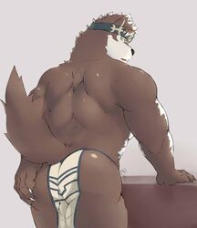 2017 5_fingers anthro ass back_muscles biceps big_muscles black_nose canine claws closed_eyes clothing countershade_face countershade_torso countershading essentialryu fluffy fluffy_tail grey_background hand_on_butt horkeukamui housamo humanoid_hands kemono loincloth male male_only mammal mostly_nude muscular open_mouth raised_tail rear_view simple_background solo tokyo_afterschool_summoners triceps white_claws white_countershading wolf