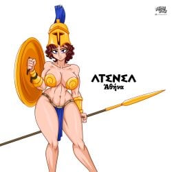 1girls 2024 alvarikokearte artist_logo artist_name athena big_breasts blue_eyes breasts brown_hair cleavage collarbone deity english_text european_mythology goddess greek_mythology loincloth mythology pelvic_curtain public_domain revealing_clothes smile