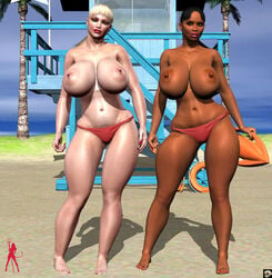 2girls 3d bare_shoulders barefoot beach big_breasts bikini bikini_bottom black_eyes black_hair blonde_hair busty cleavage curvy dark-skinned_female dark_skin detailed_background duo erect_nipple erect_nipples female female_only front_view glasses gray_eyes half-dressed half_dressed hourglass_figure human lifeguard_(xskullheadx) lipstick long_hair looking_at_viewer makeup multiple_females multiple_girls nail_polish no_bra outdoor outside ponytail pose posing red_lipstick sand shadow spread_legs spreading standing swimsuit tied_hair tree voluptuous water wide_hips xskullheadx yellow_hair