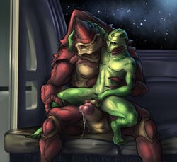 2014 4_balls abs alien arm_around_neck athletic balls biceps big_penis black_eyes chair_position detailed_background drell duo erection from_behind_position front_view frottage furry gay glans green_scales hand_on_penis huge_cock humanoid humanoid_penis inside krogan larger_male leg_grab male mass_effect mickey_the_retriever multi_balls multi_genitalia muscular nipples nude on_lap on_top pecs penis plantigrade precum red_eyes scales scalie sex sitting sitting_on_lap size_difference slit_pupils smaller_male smile space spread_legs spreading star straddling thane_krios thick_penis urdnot_wrex vein video_games webbed_hands yaoi