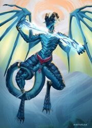 1boy anus blue_skin diphallism dracthyr dragon_horns dragon_humanoid dragon_tail flying jewelry magic notnarts nude penis precum scales scalie scalie_male tail warcraft wings world_of_warcraft