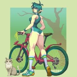 aged_up bike bike_shorts earrings elf elf_ears feline fit_female kokiri muscles nintendo ocarina_of_time omegachaoinoboy pixel_art saria sportswear the_legend_of_zelda thick_thighs