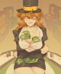 1girls arcade_machine cash casino_chip cleavage clothed female hat hidden_eyes mineshield money_in_cleavage pwgood rule_63 solo_female suit tagme top_hat white_shirt