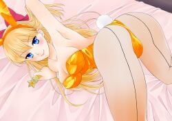 absurdres alluring animal_ears arm_up ass bare_shoulders bed_sheet big_breasts bishoujo_senshi_sailor_moon blonde_hair blue_eyes bow collarbone fake_animal_ears female female_focus fishnet_pantyhose fishnets hairbow hand_in_own_hair highres kutsuna_ayumu leotard long_hair looking_at_viewer looking_back minako_aino pantyhose playboy_bunny rabbit_ears rabbit_tail sailor_venus solo tail top-down_bottom-up