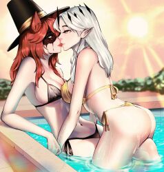 2girls bikini black_bikini black_swimsuit cat_ears female female_only hat kissing making_out mineshield pwgood red_hair sanhez swimming_pool swimsuit tagme top_hat white_hair yellow_bikini yellow_eyes yellow_swimsuit